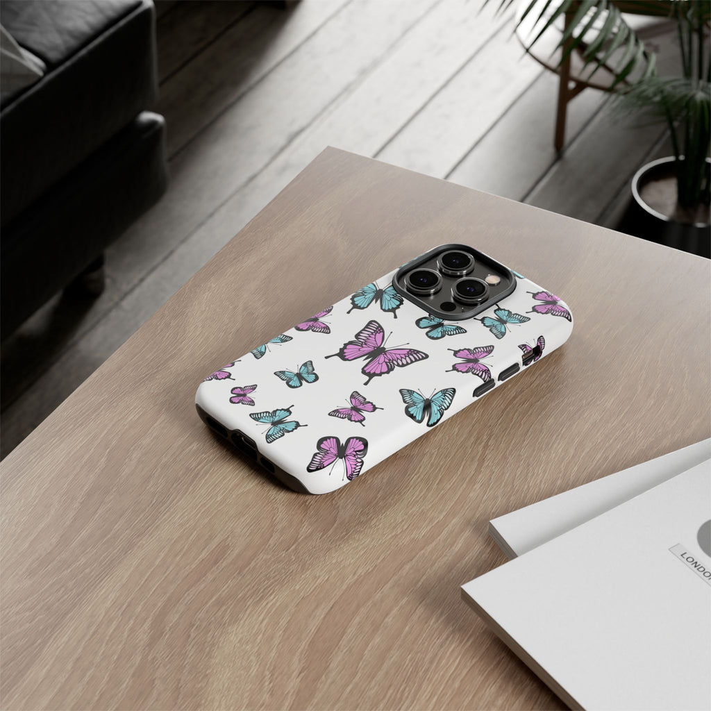Butterfly Pattern White Background Phone Cases, Protective Cover, Strong Cases, Impact Resistant, Floral Design, Unique Gifts
