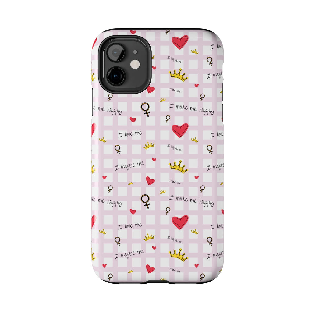 Cozy Hearts & Crowns Phone Case, Heart Design Protective Phone Cover, Crown Pattern Tough Case, Girly Phone Accessories, Valentine's Day
