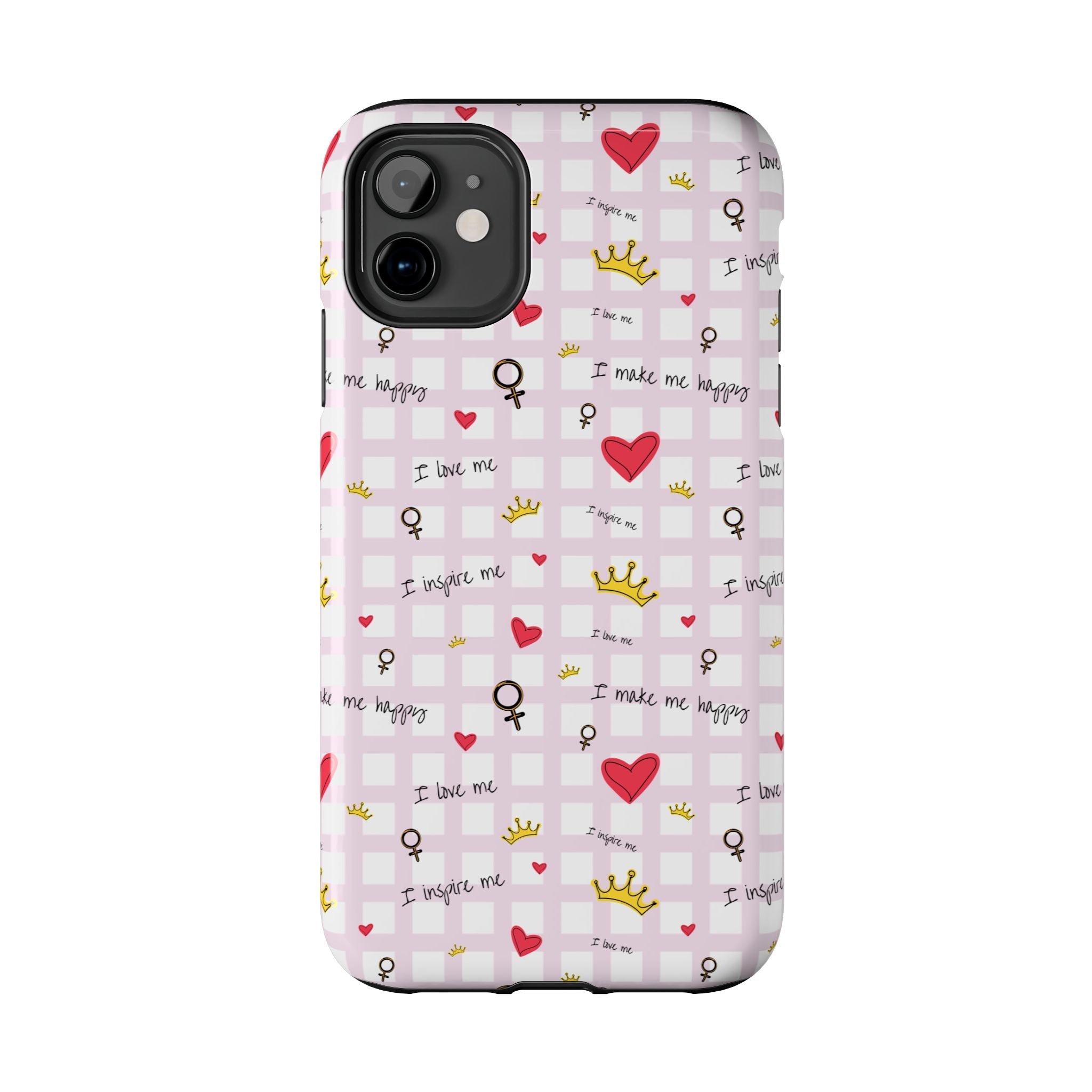 Cozy Hearts & Crowns Phone Case, Heart Design Protective Phone Cover, Crown Pattern Tough Case, Girly Phone Accessories, Valentine's Day