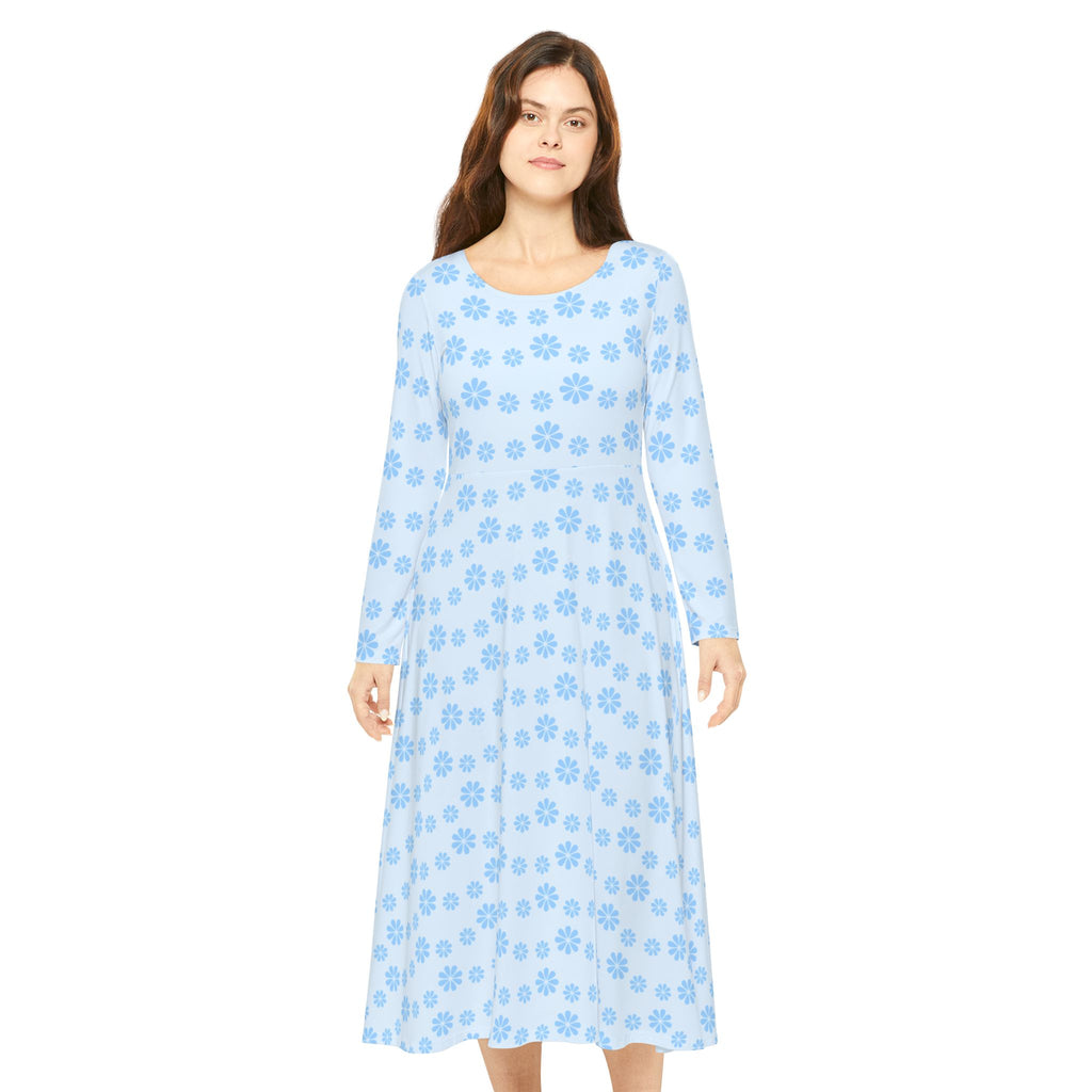 Long Sleeve Dance Dress - Light Blue Flowers