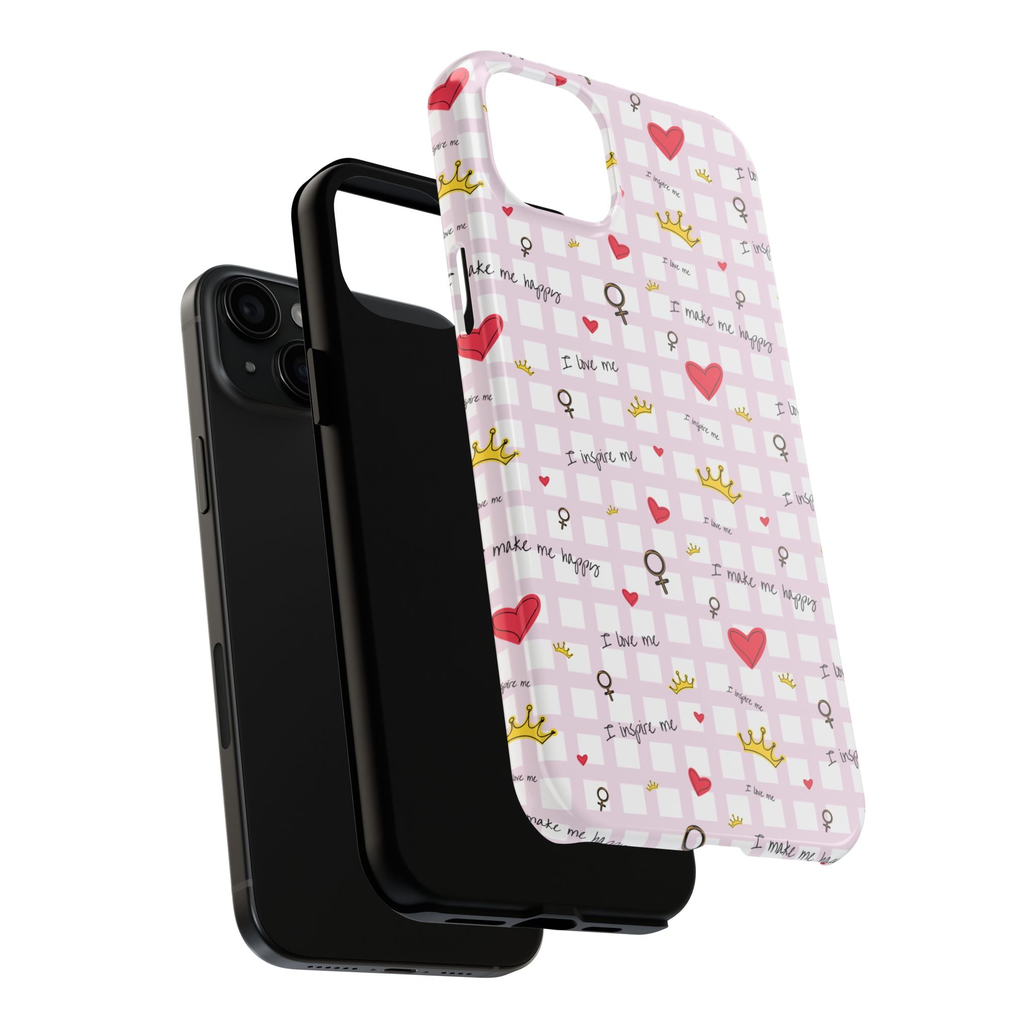 Cozy Hearts & Crowns Phone Case, Heart Design Protective Phone Cover, Crown Pattern Tough Case, Girly Phone Accessories, Valentine's Day