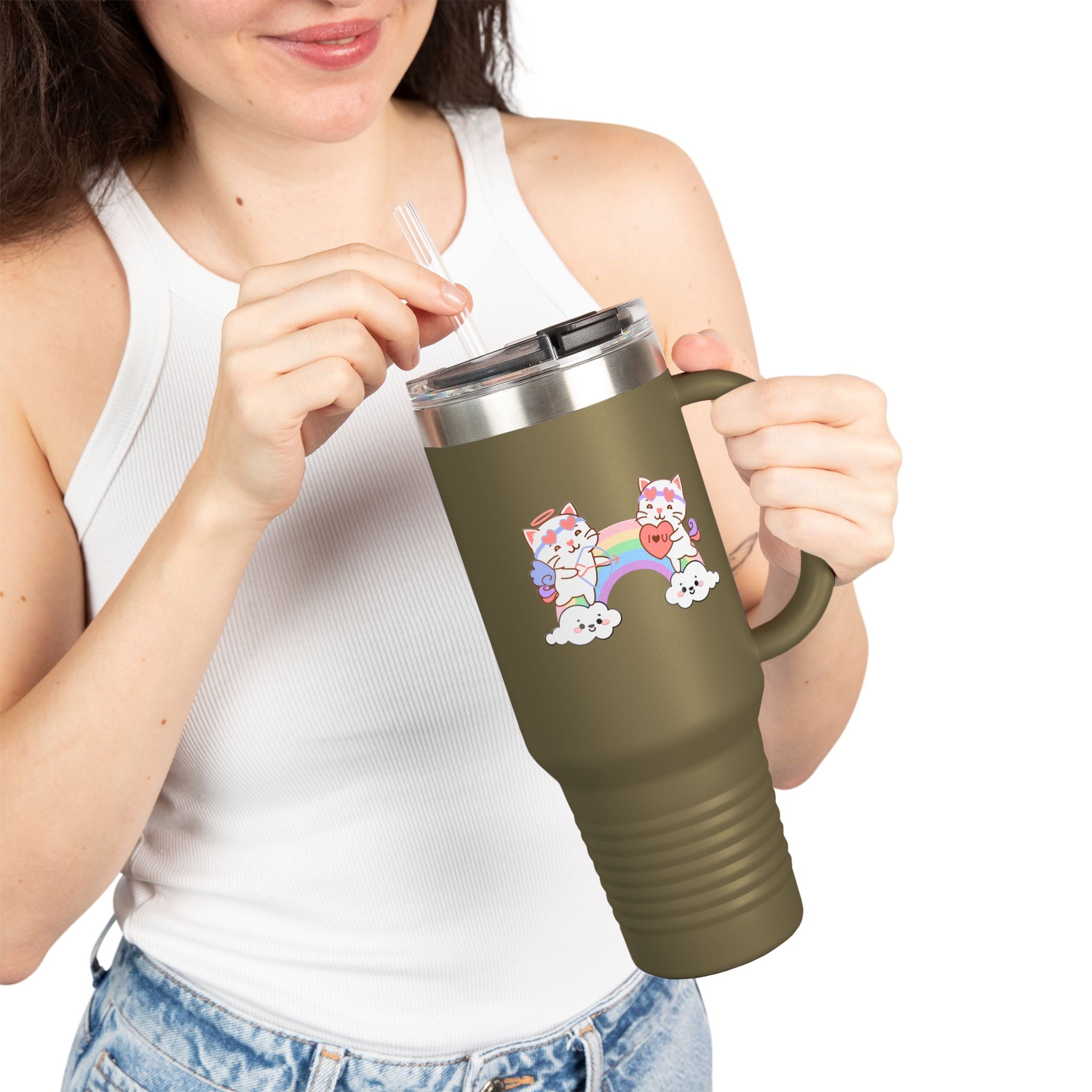 Cupido Cat Rainbow Heart Love Insulated Travel Mug, 40oz - Cute Kitty Space Cup, Valentine's Gift, Coffee Tea Tumbler, Cat Lover Present