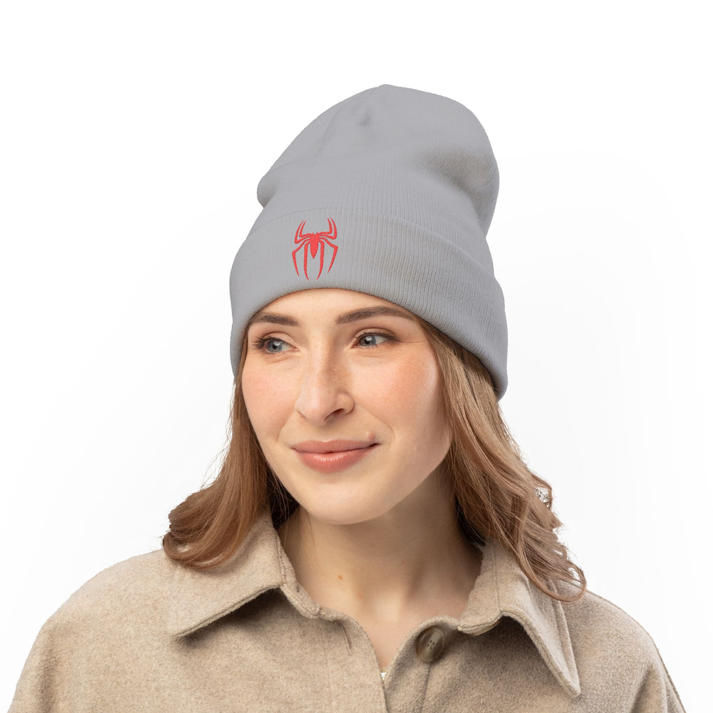 Embroidered Black Spider Knit Beanie — Halloween Spider Hat