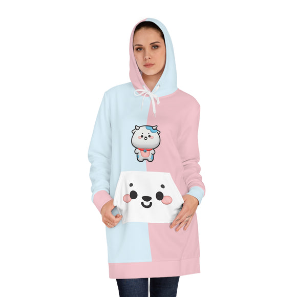 Kawaii Cow Pink and Blue Hoodie Dress, Sweatshirt, Women's Dress, Cute Cow Dress, Animal Print Hoodie Dress