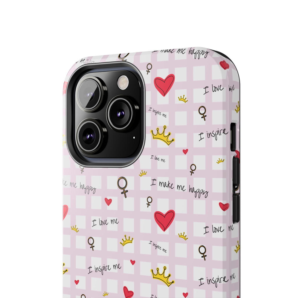 Cozy Hearts & Crowns Phone Case, Heart Design Protective Phone Cover, Crown Pattern Tough Case, Girly Phone Accessories, Valentine's Day
