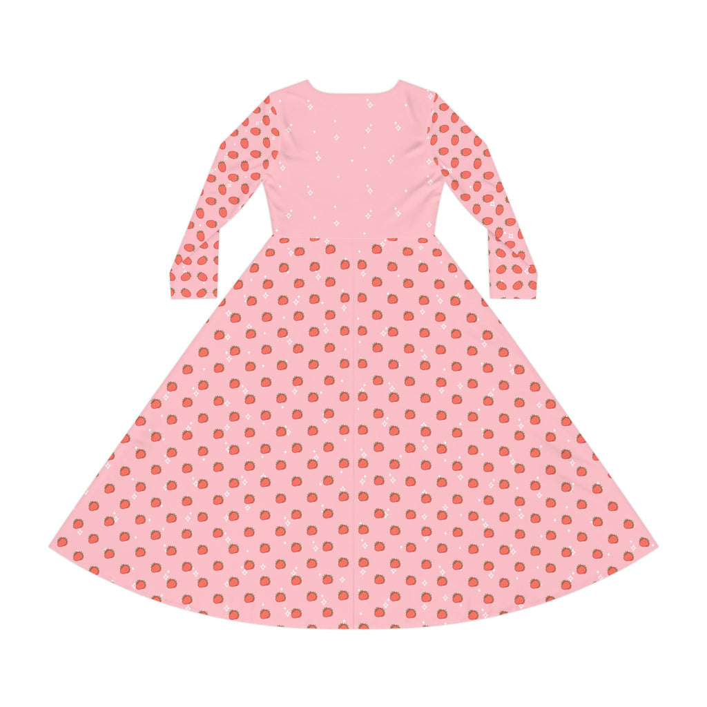 Kawaii Cat with Strawberry Women's Long Sleeve Dance Dress, Cute Cat Costume, Long Sleeve Dance Costume, Cat Lover Gift, Dance Class Outfit,