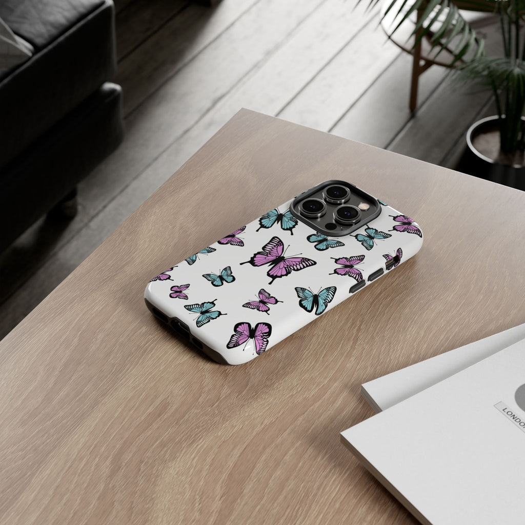 Butterfly Pattern White Background Phone Cases, Protective Cover, Strong Cases, Impact Resistant, Floral Design, Unique Gifts