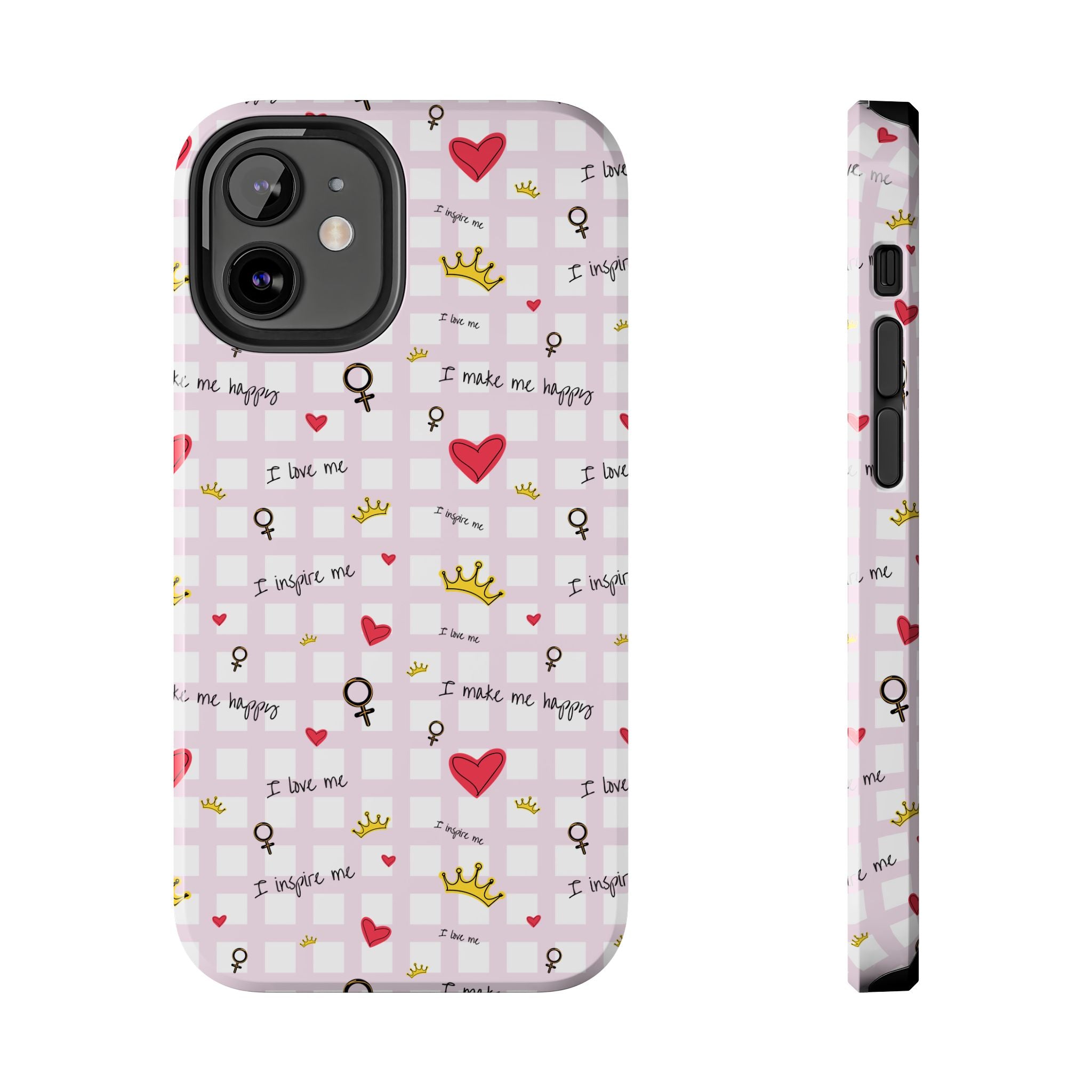 Cozy Hearts & Crowns Phone Case, Heart Design Protective Phone Cover, Crown Pattern Tough Case, Girly Phone Accessories, Valentine's Day