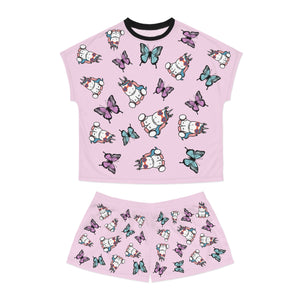 Kawaii Unicorns Short Pajamas Set, Cute Butterflies Pink PJs for Women, Loungewear Sleepwear, Summer PJ Set, Unicorn Lover Gift