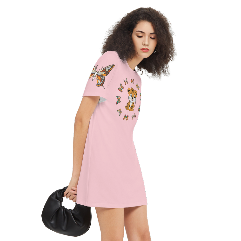 Kawaii Tiger with Butterflies Women's Short-Sleeve T-Shirt Dress-Heavyweight 225g