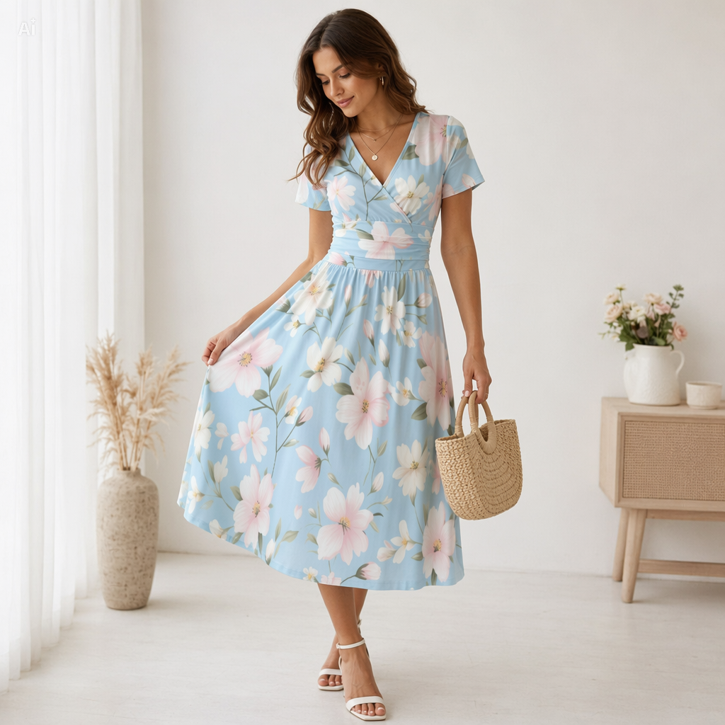 Pastel Blue Floral V-Neck Midi Dress