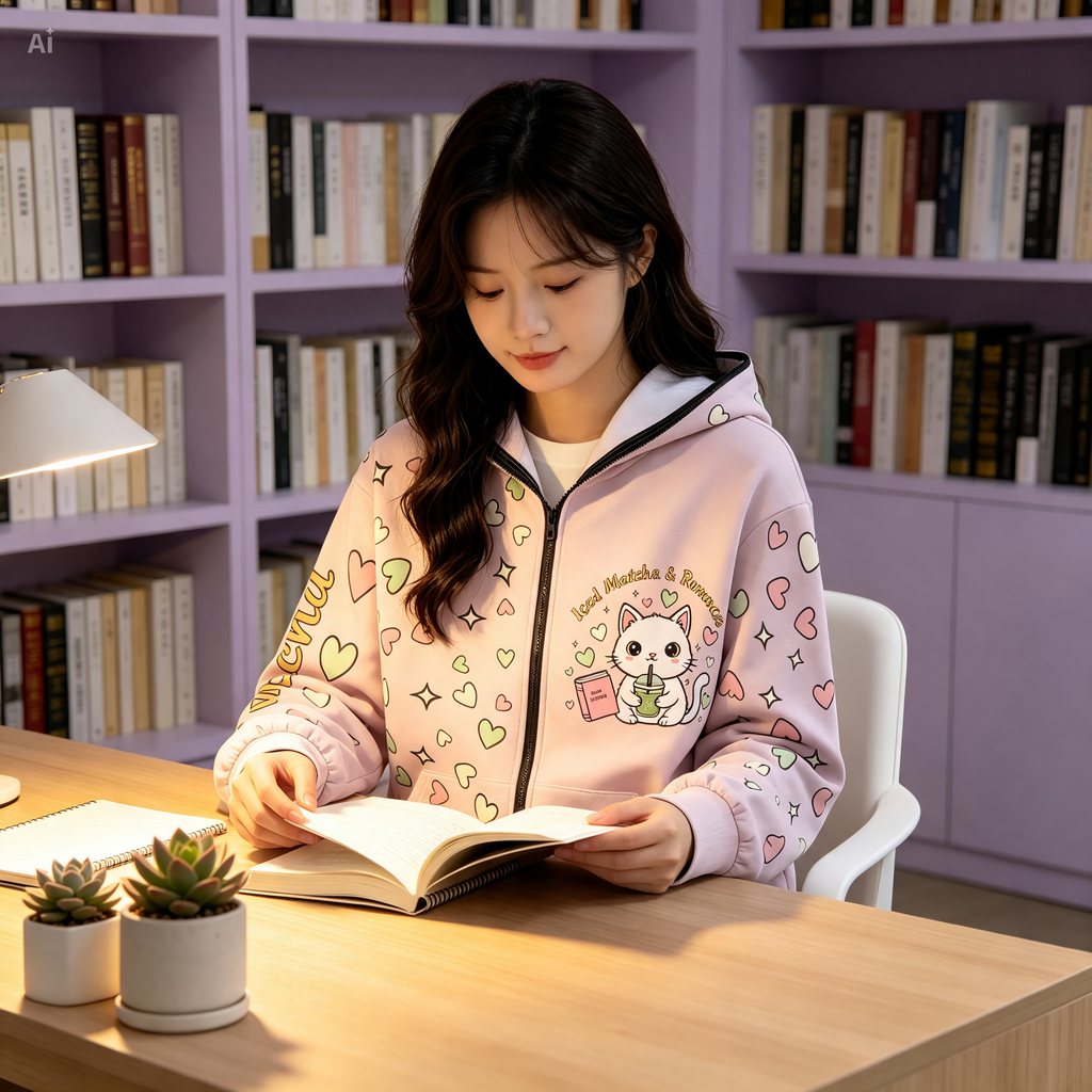 Matcha Reading Cat Ear Zip-Up Hoodie