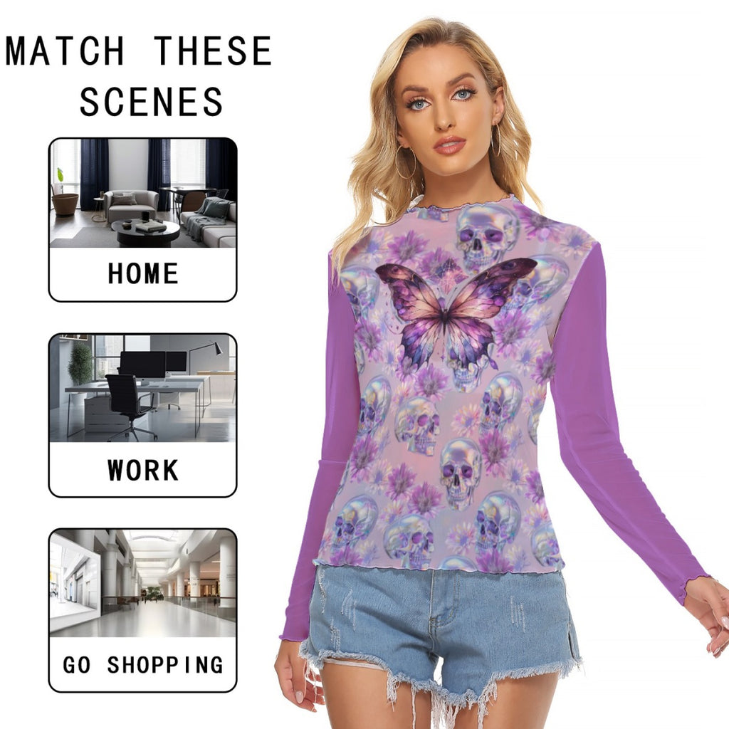 Purple Butterfly Skull Mesh Top – Gothic Fairycore Long Sleeve Shirt