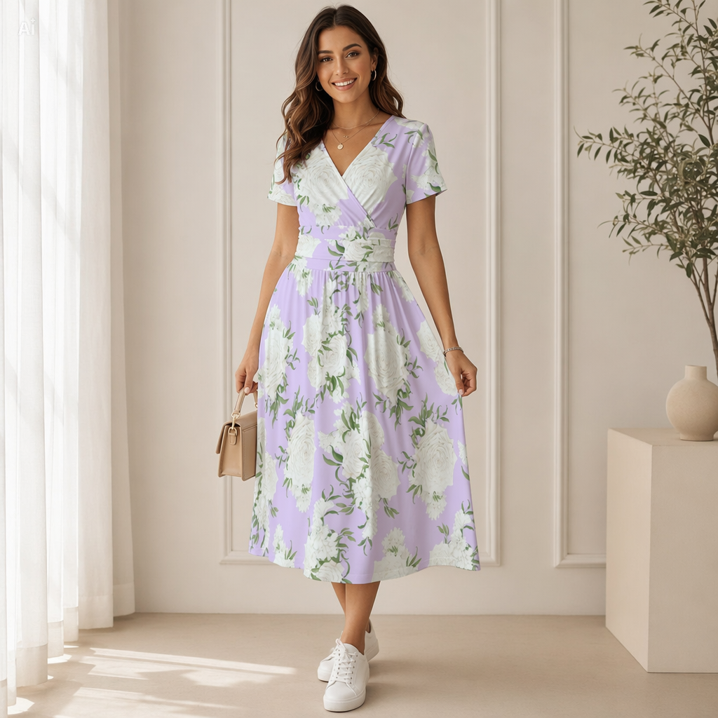 Lavender Floral V-Neck Midi Dress