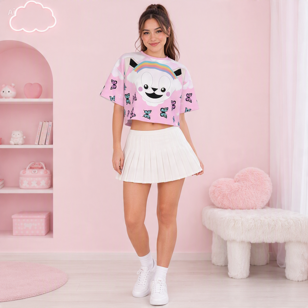 Pastel Rainbow Bunny Butterfly Crop Top | 190GSM Cotton