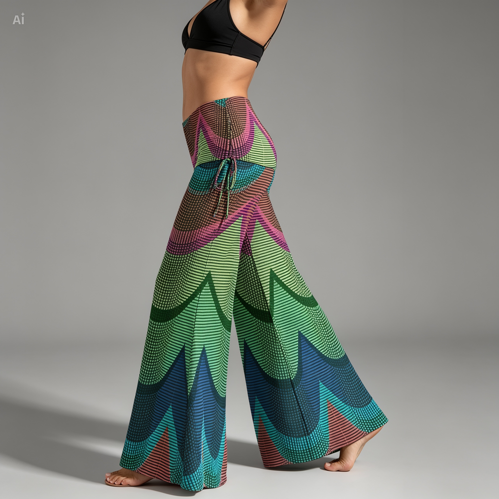 Rainbow Wave Wide Leg Pants – Boho Fold Over Palazzo Pants