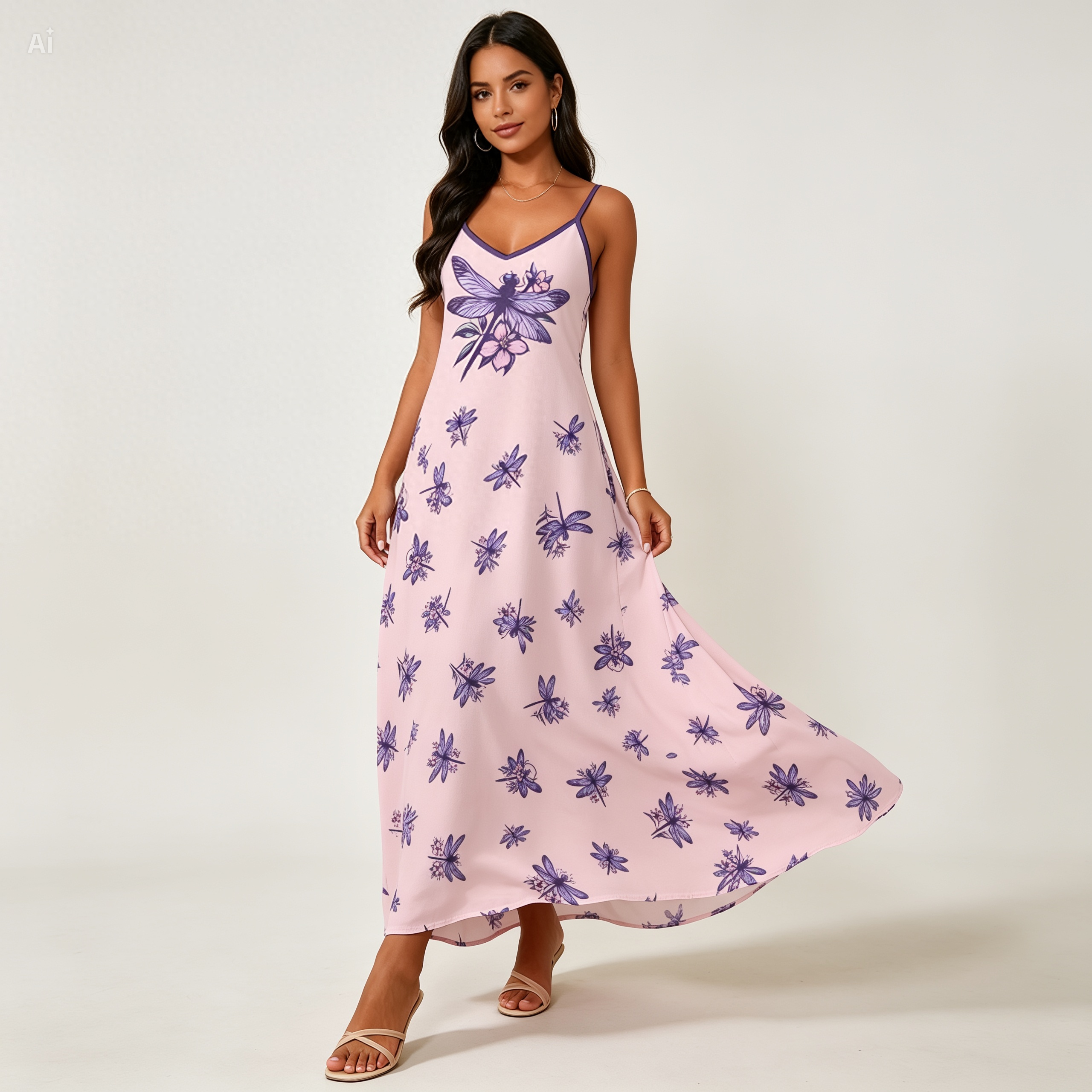 Purple Dragonfly Maxi Dress – Cottagecore Spaghetti Strap Summer Dress