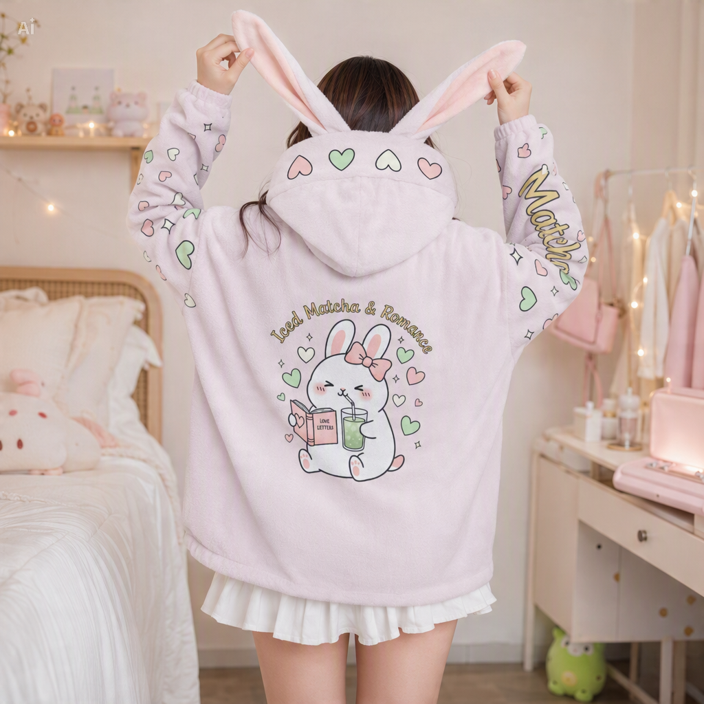 Iced Matcha Bunny Plush Pajama Hoodie