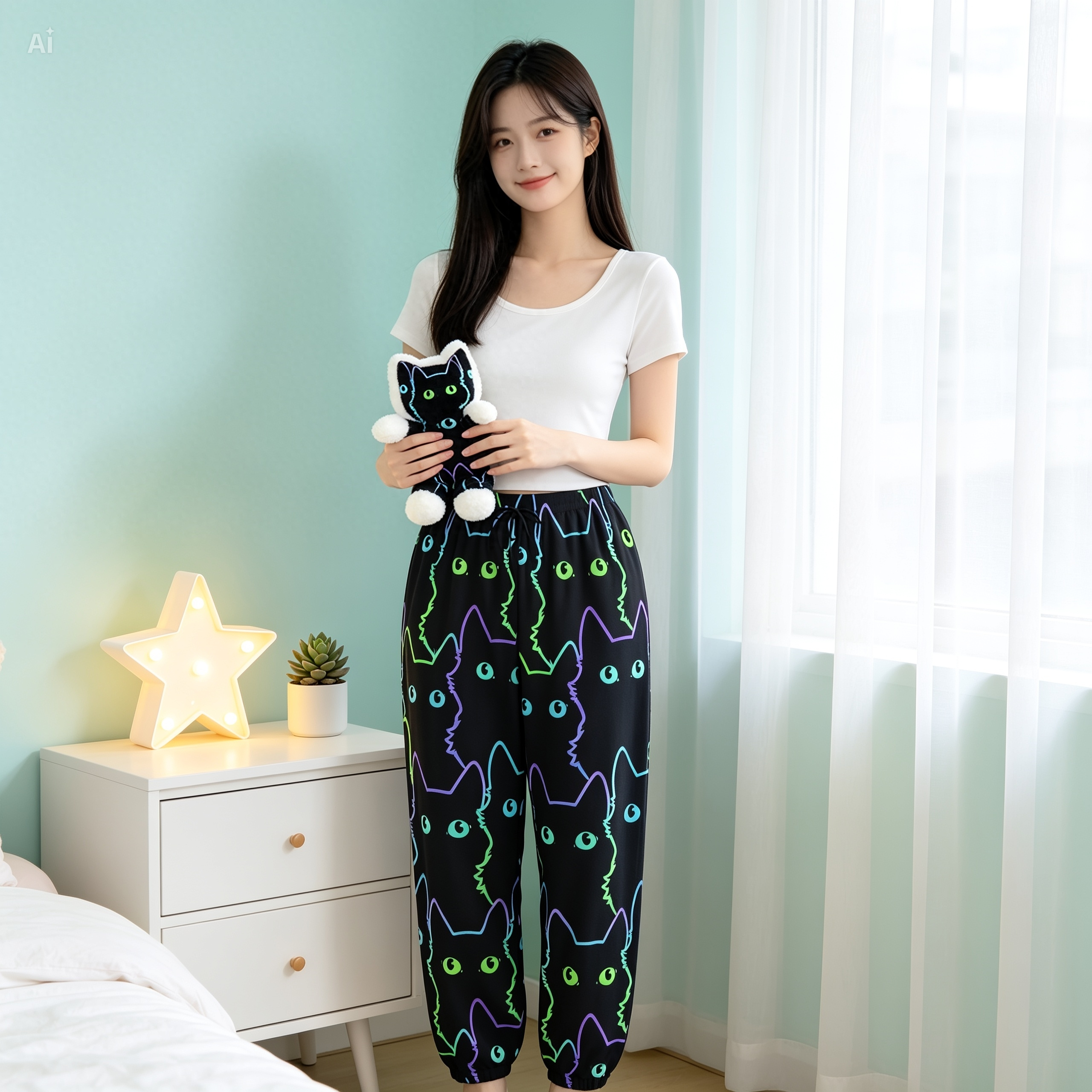 Neon Cat Fleece Joggers – Cute Black Cat Lounge Pants