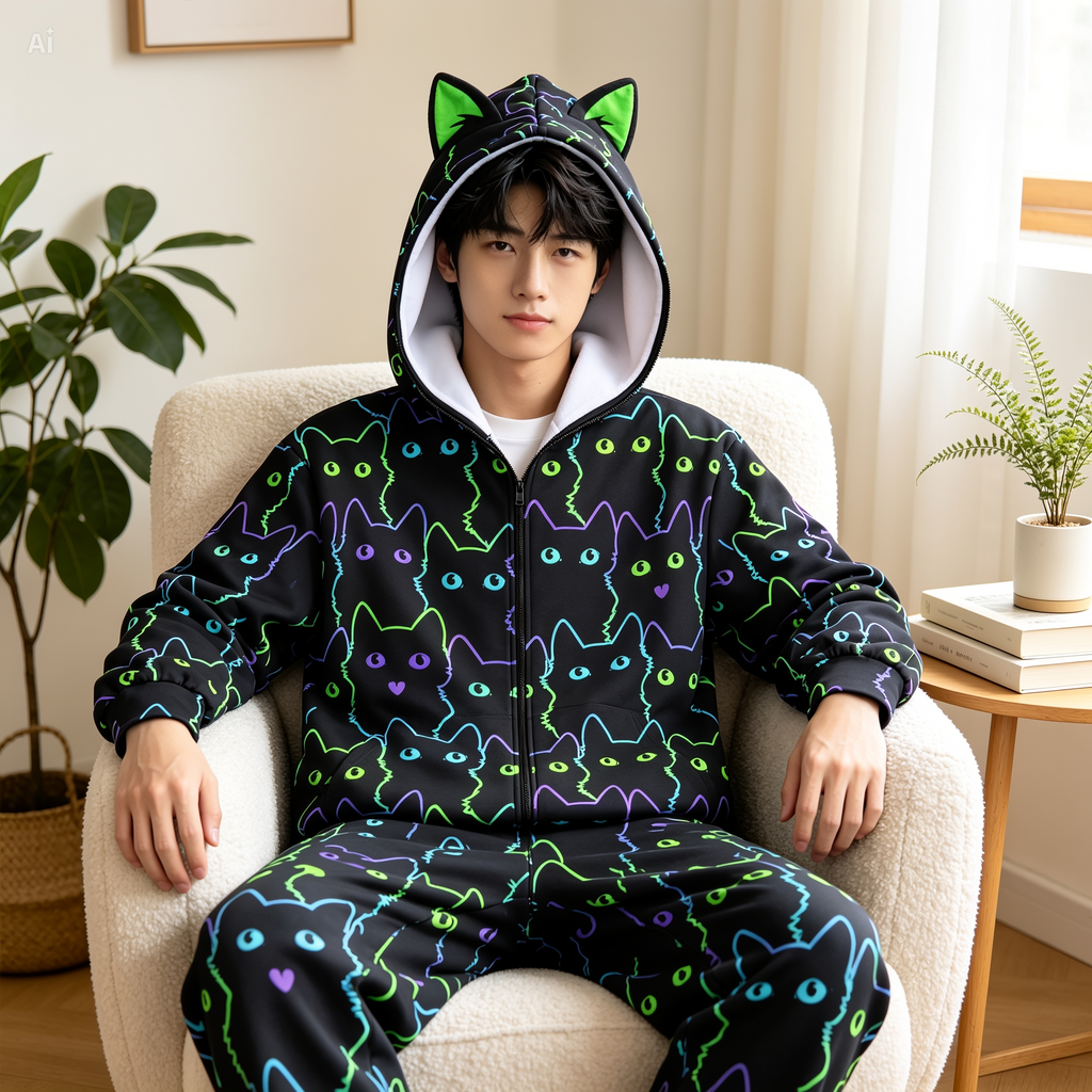 Neon Cat Print Zip-Up Hoodie with Cat Ears - Black Unisex Scuba Hooded Jacket