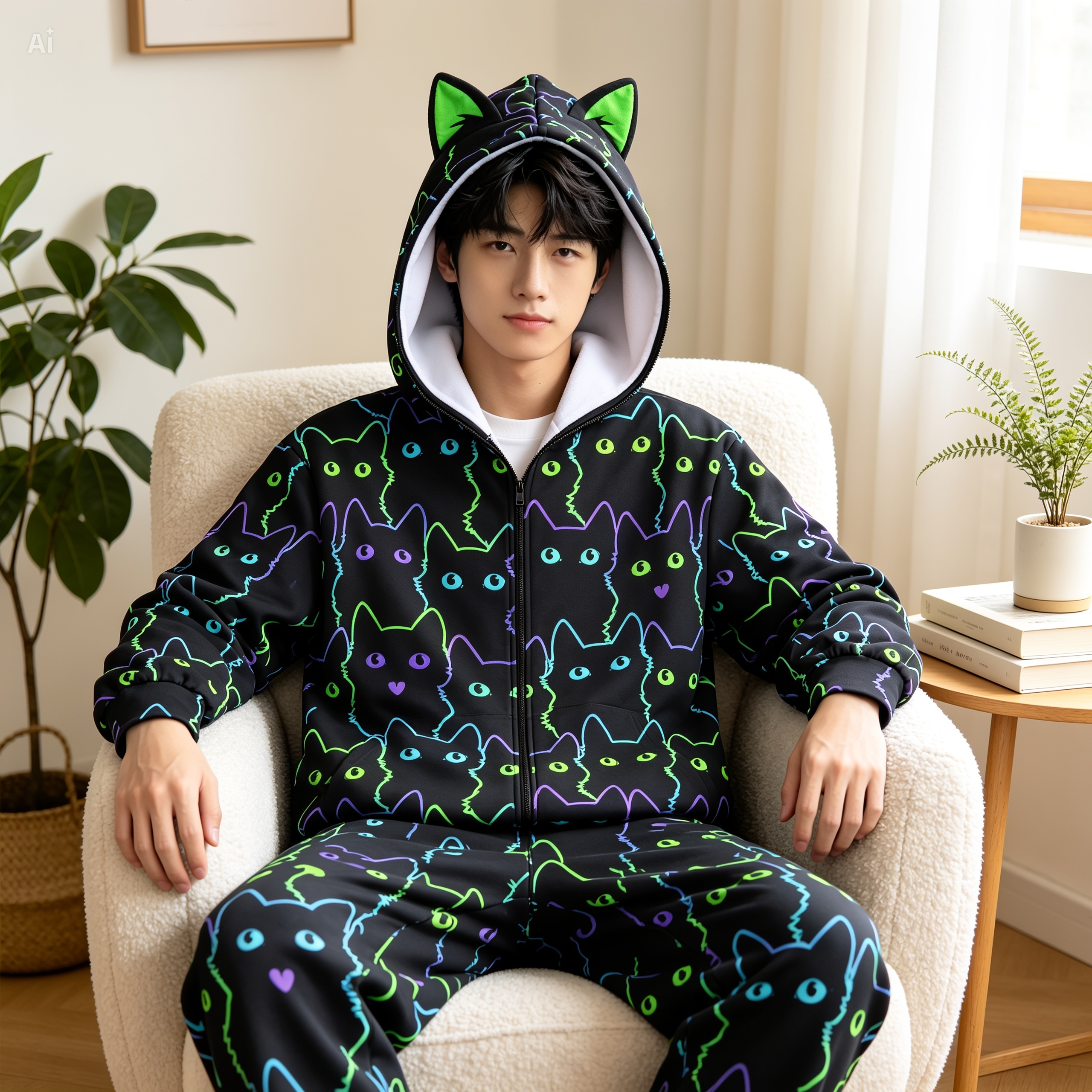 Neon Cat Print Zip-Up Hoodie with Cat Ears - Black Unisex Scuba Hooded Jacket