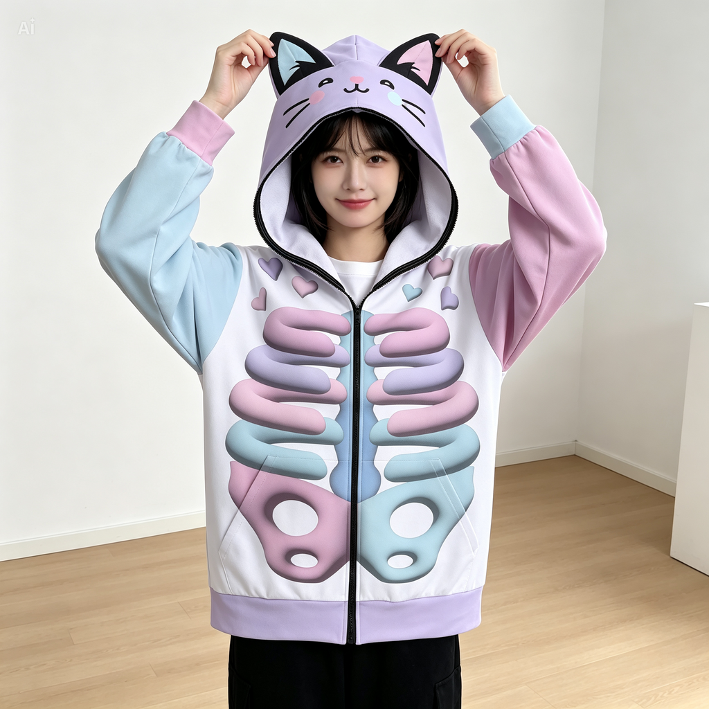 Kawaii Heaven Unisex Zip Up Hoodie with Cat Ears Pastel Skeleton Print