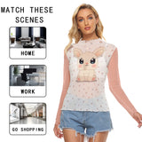 Women's Cute Bunny and Star Print Sheer Mesh Long Sleeve T-Shirt - Sexy & Breathable Design