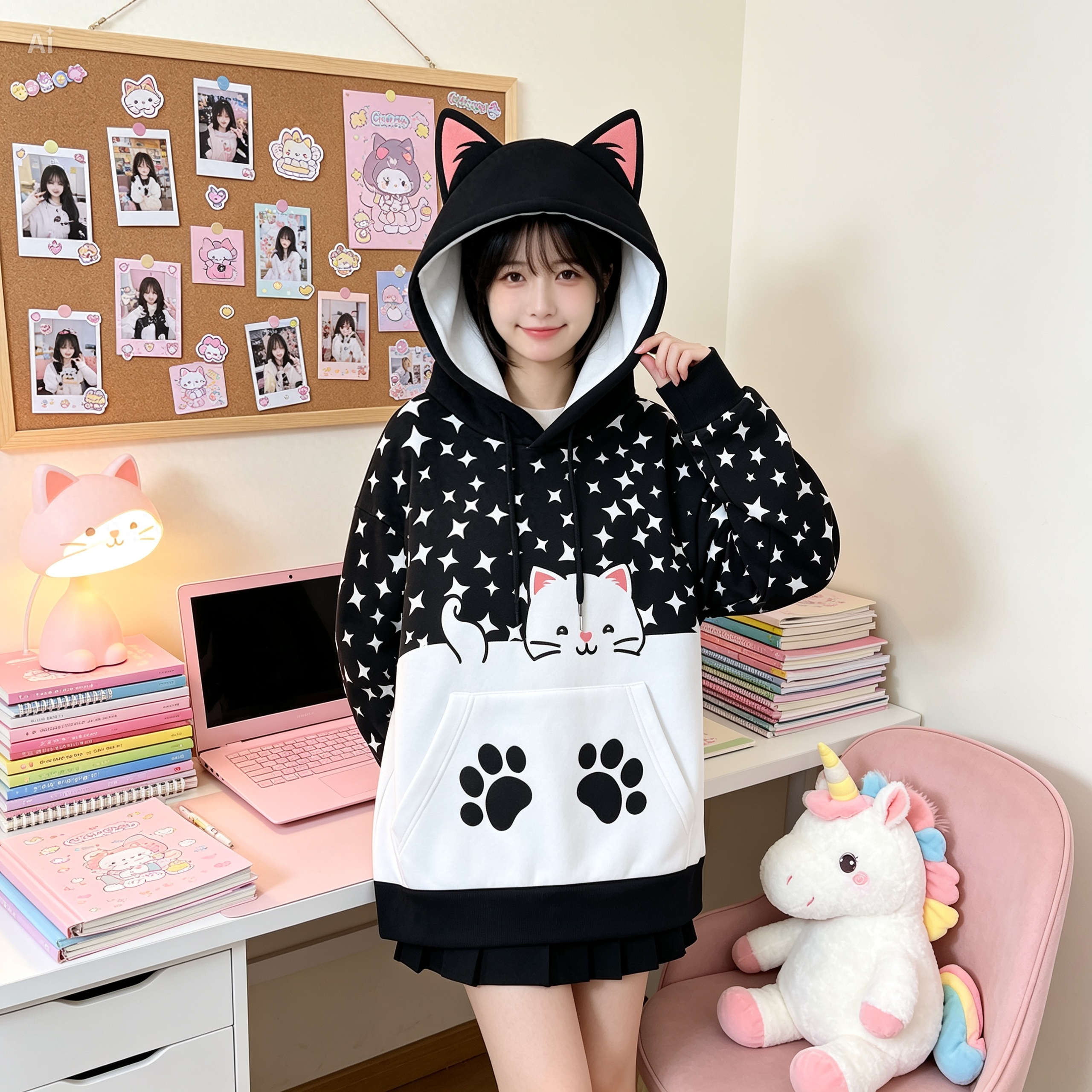 Cat Ear Hoodie – Kawaii Star Print Pullover with Paw Pocket