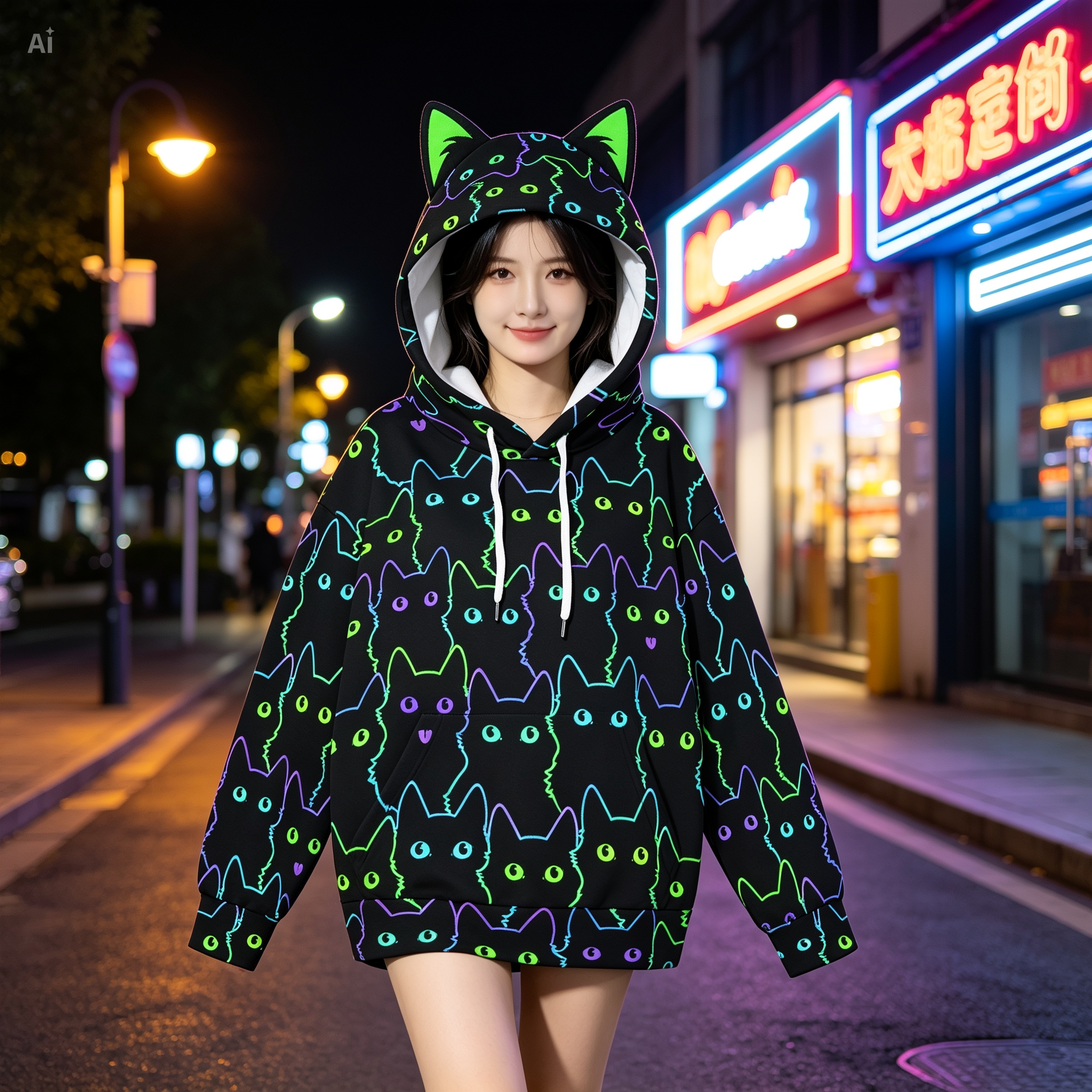 Neon Cat Print Hoodie for Women with Decorative Cat Ears - Black Scuba Pullover Sweatshirt