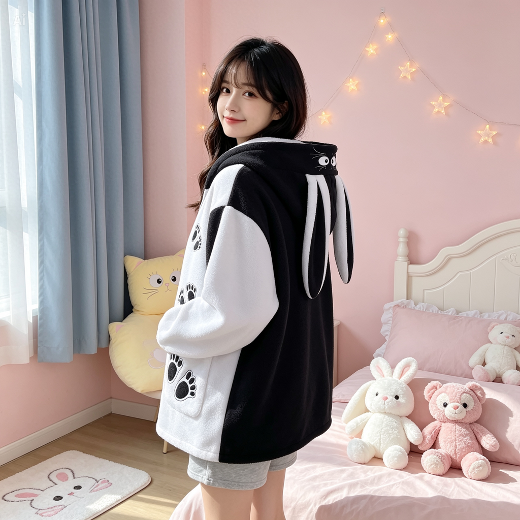 Kawaii Cat Bunny Ear Hoodie – Black and White Fleece Zip Up Jacket