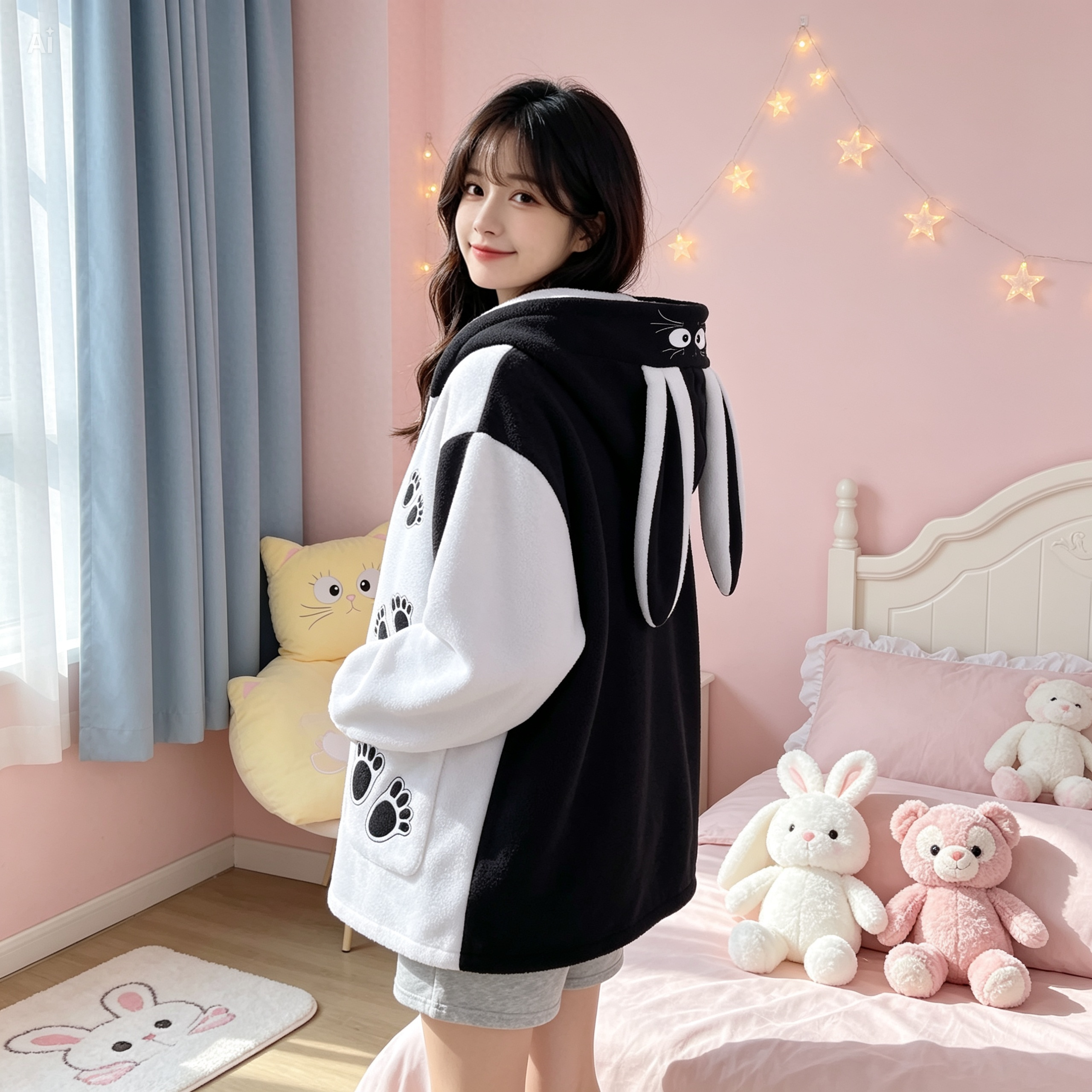 Kawaii Cat Bunny Ear Hoodie – Black and White Fleece Zip Up Jacket