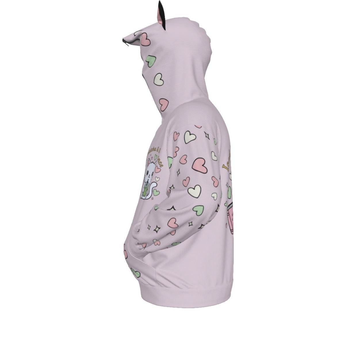 Matcha Reading Cat Ear Zip-Up Hoodie