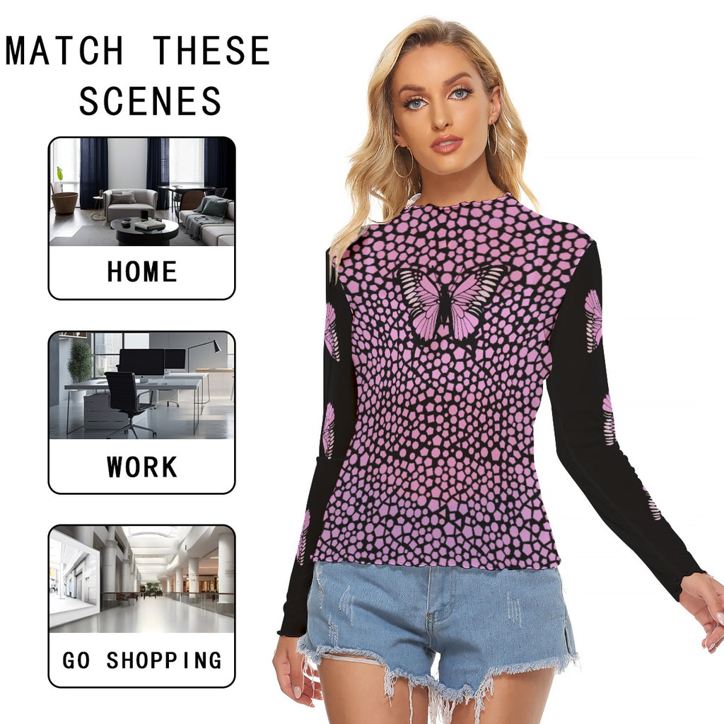 Kawaii Heaven Women's Mesh T-shirt - Pink Butterfly Mosaic Long Sleeve Crop Top