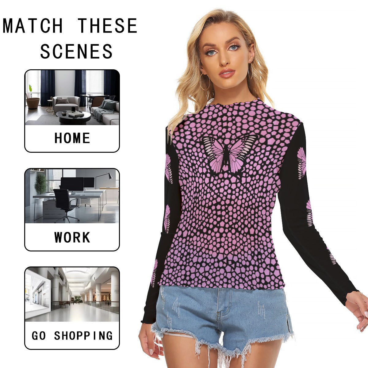 Kawaii Heaven Women's Mesh T-shirt - Pink Butterfly Mosaic Long Sleeve Crop Top