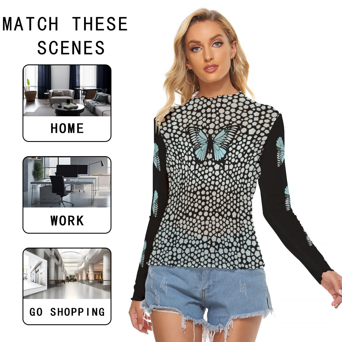 Blue Butterfly Mesh Crop Top - Long Sleeve Sheer Shirt for Women