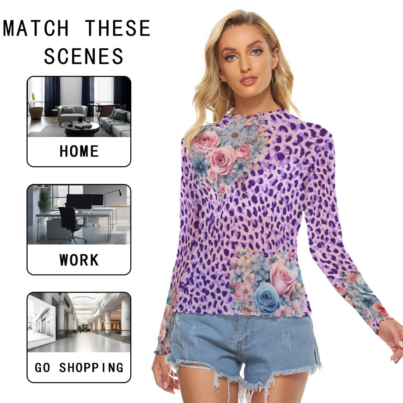 Purple Leopard Floral Mesh Long-Sleeve Top