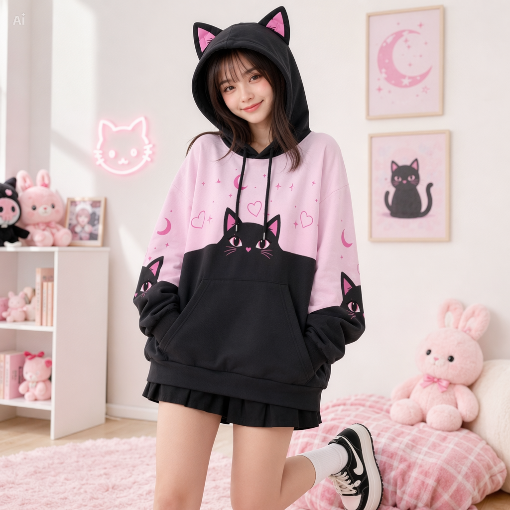 Pastel Pink Black Cat Ear Hoodie