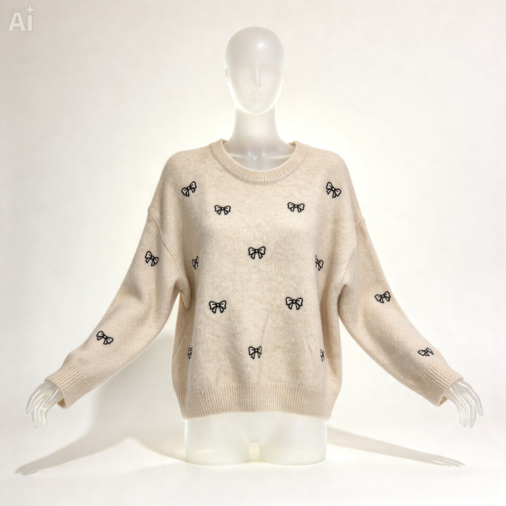 Cream Bow Knit Sweater – Fluffy Coquette Pullover with Black Embroidered Bows