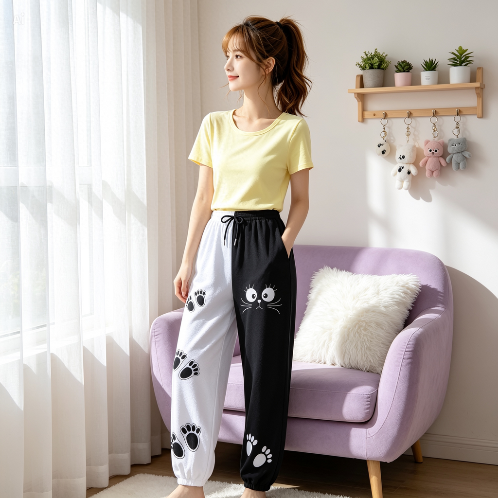 Black Cat Paw Fleece Joggers – Kawaii Black and White Lounge Pants