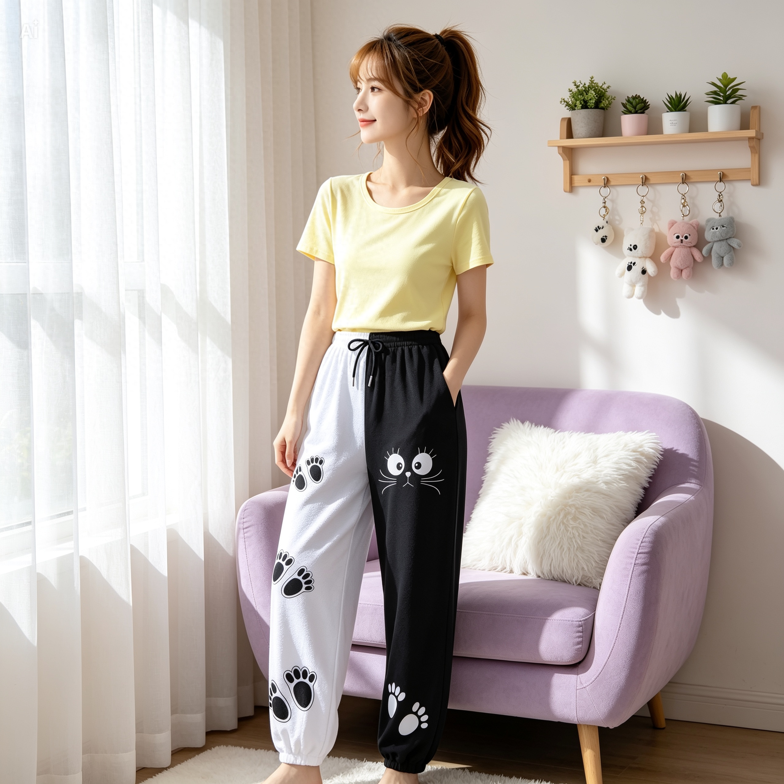 Black Cat Paw Fleece Joggers – Kawaii Black and White Lounge Pants