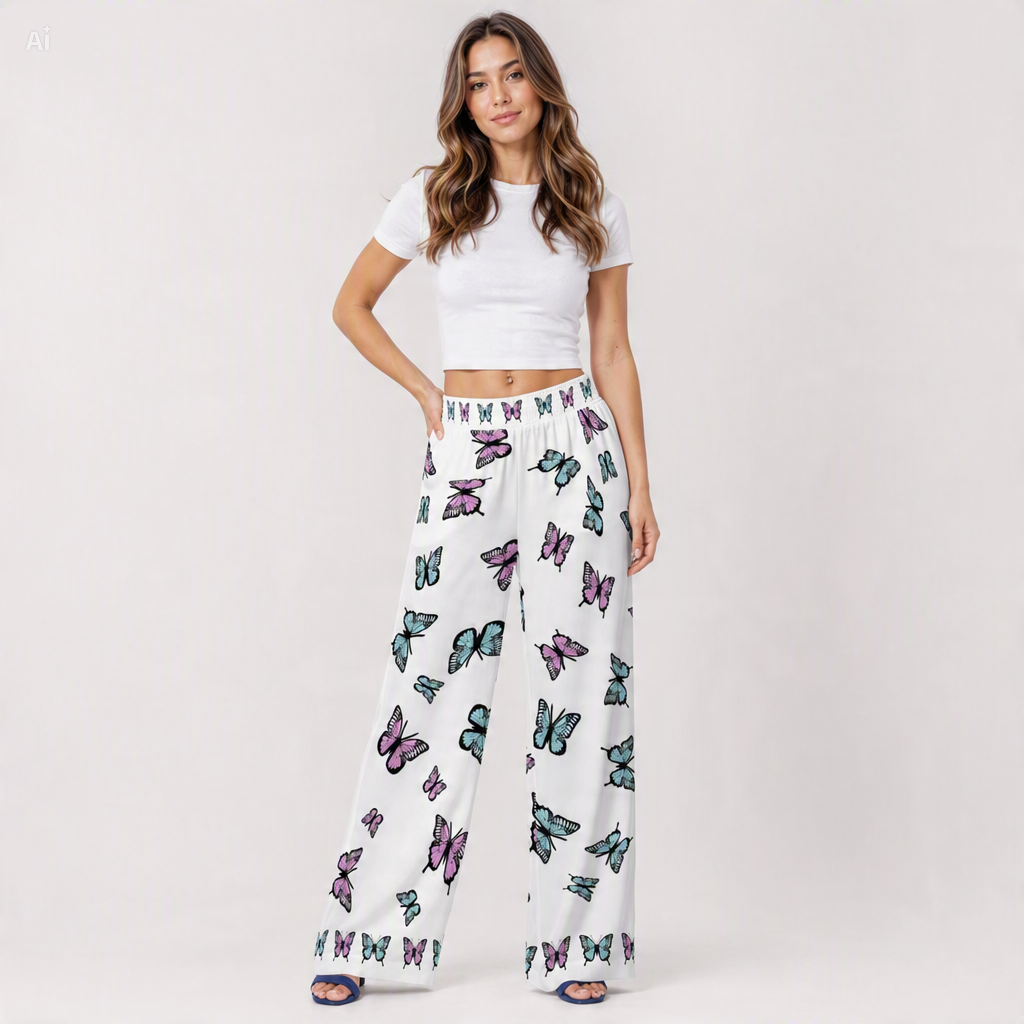 Pastel Butterfly Wide-Leg Palazzo Pants | 100% Rayon