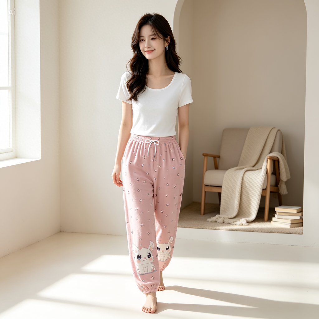 Kawaii Bunny Fleece Joggers – Cute Pink Star Lounge Pants