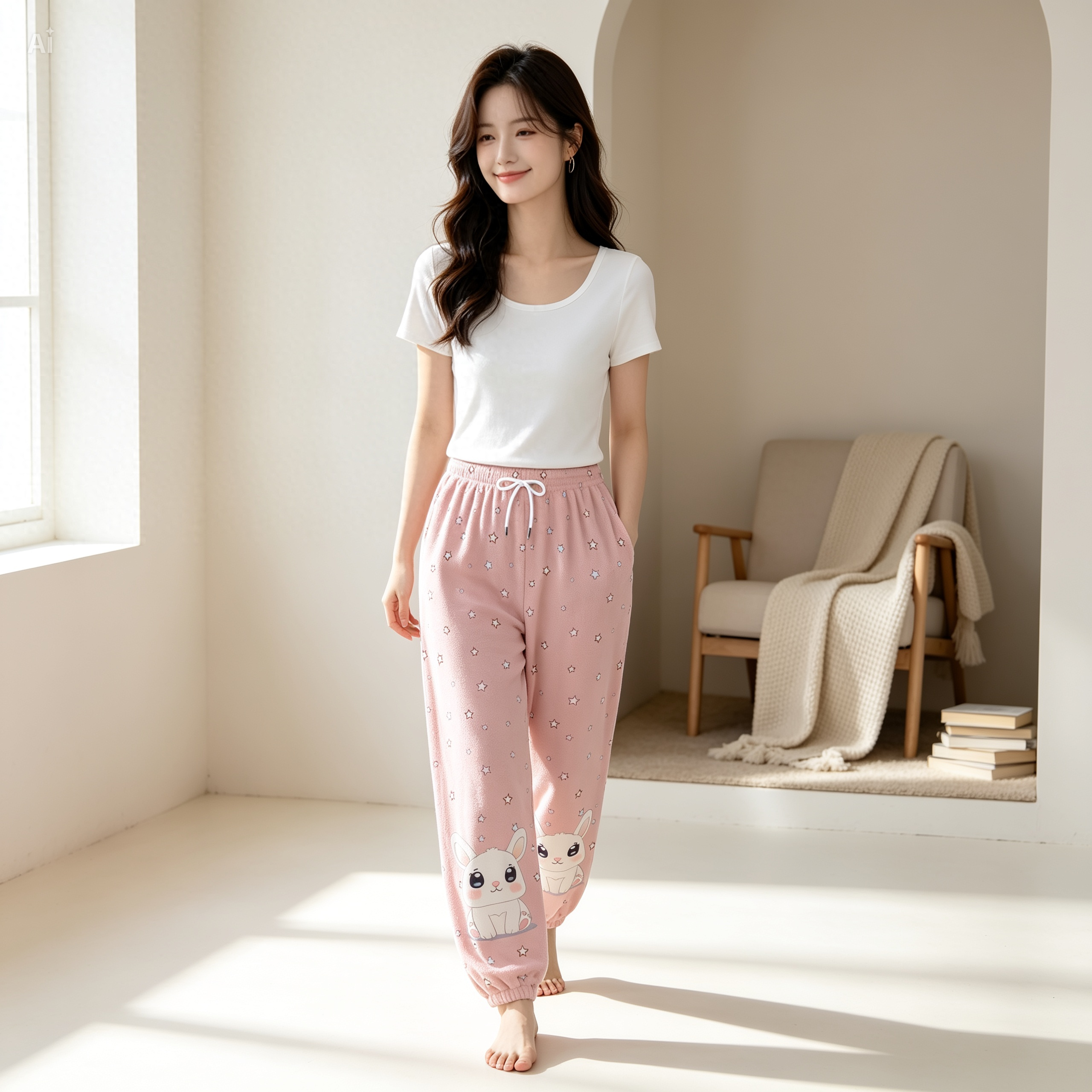 Kawaii Bunny Fleece Joggers – Cute Pink Star Lounge Pants