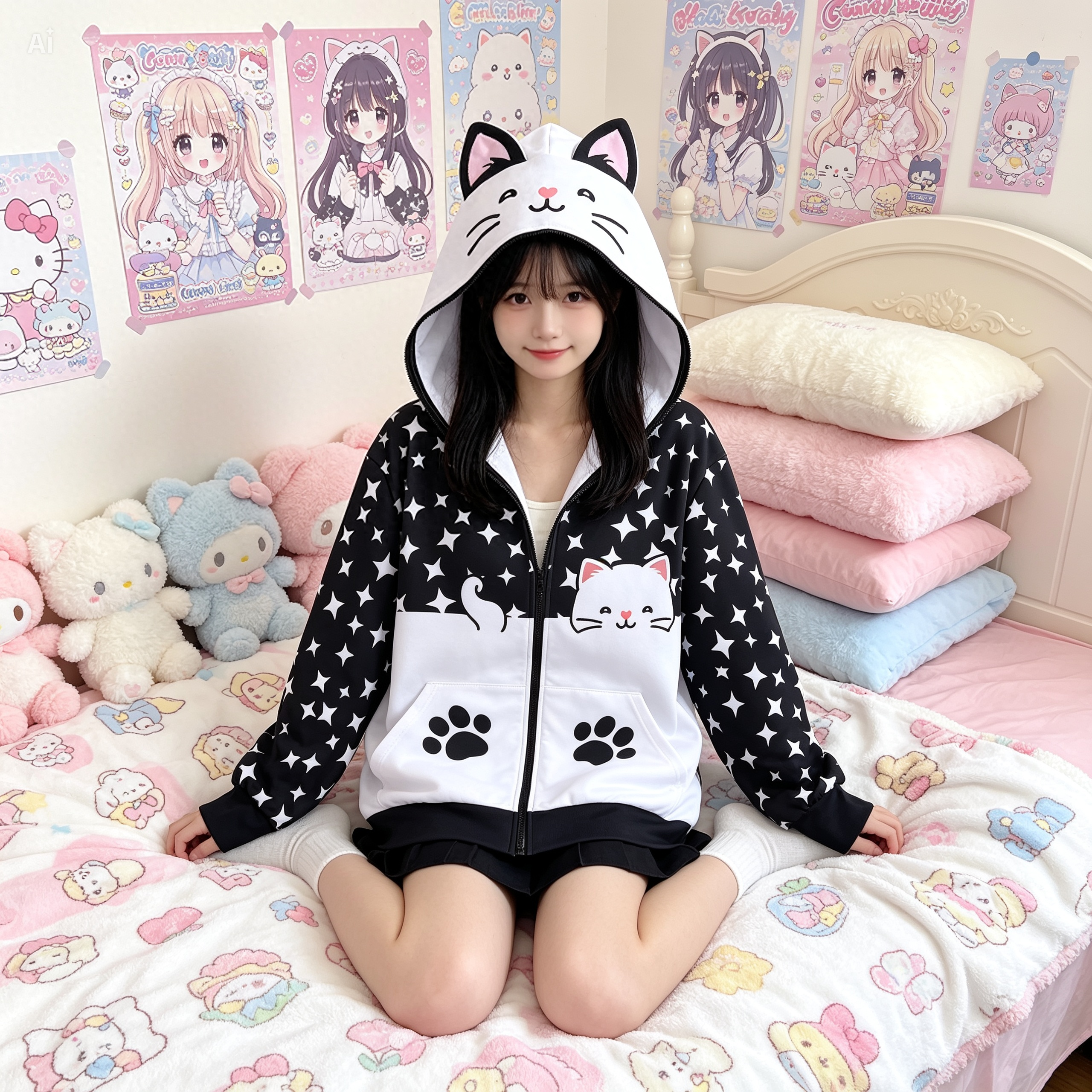 Cat Ear Zip Hoodie – Kawaii Star Print Jacket with Paw Pockets