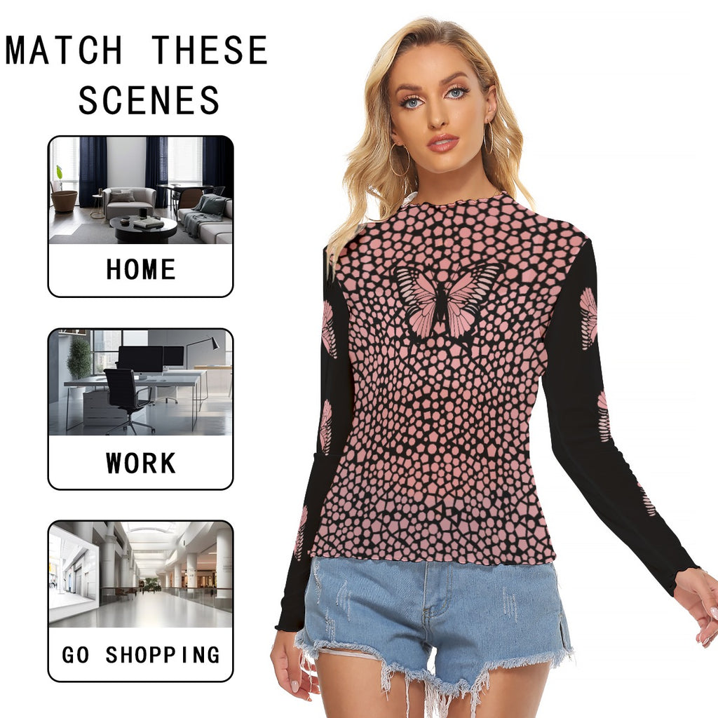 Kawaii Heaven Women's Pink Butterfly Mesh Crop Top - Sexy Aesthetic Long Sleeve Shirt