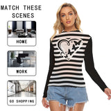 Black and White Striped Mesh Top – Women’s Butterfly Heart Long Sleeve