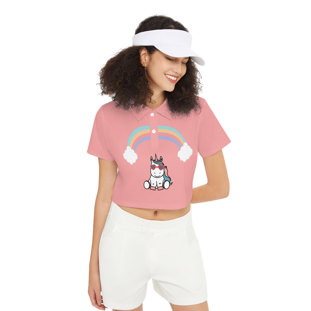 Kawaii Unicorn with rainbows Short-Sleeve Crop Polo Shirt-Heavyweight 225g