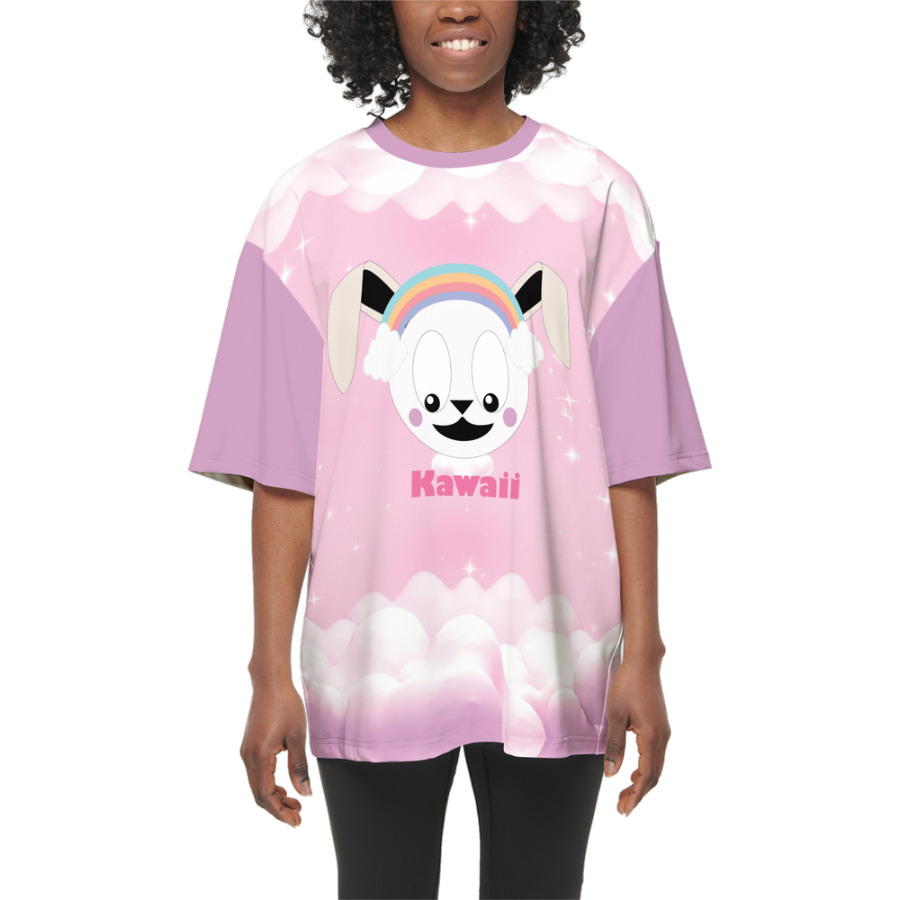 Kawaii Rabbit Rainbow Oversized Short-Sleeve T-Shirt-Heavyweight 225g