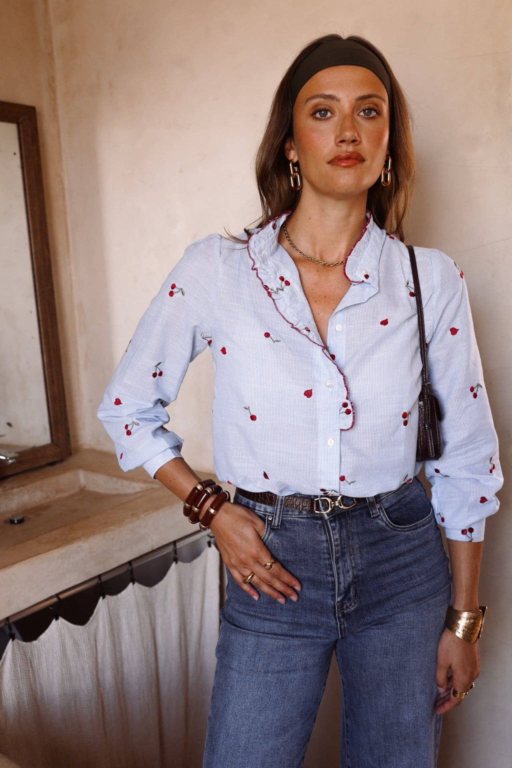 Kalyne Cherry Embroidered Blouse | Blue Striped Ruffle Shirt