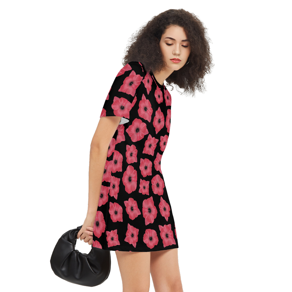 Red & Black Poppy Pattern Women's Short-Sleeve T-Shirt Dress – Heavyweight 225g